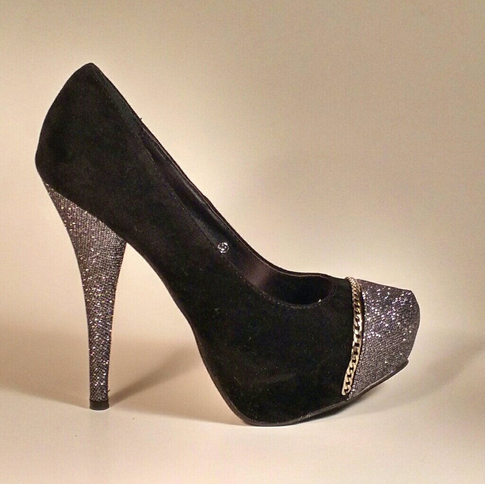 DONATED–Black Suede Pumps with Glitter Heels & Gold Chain | Size 9